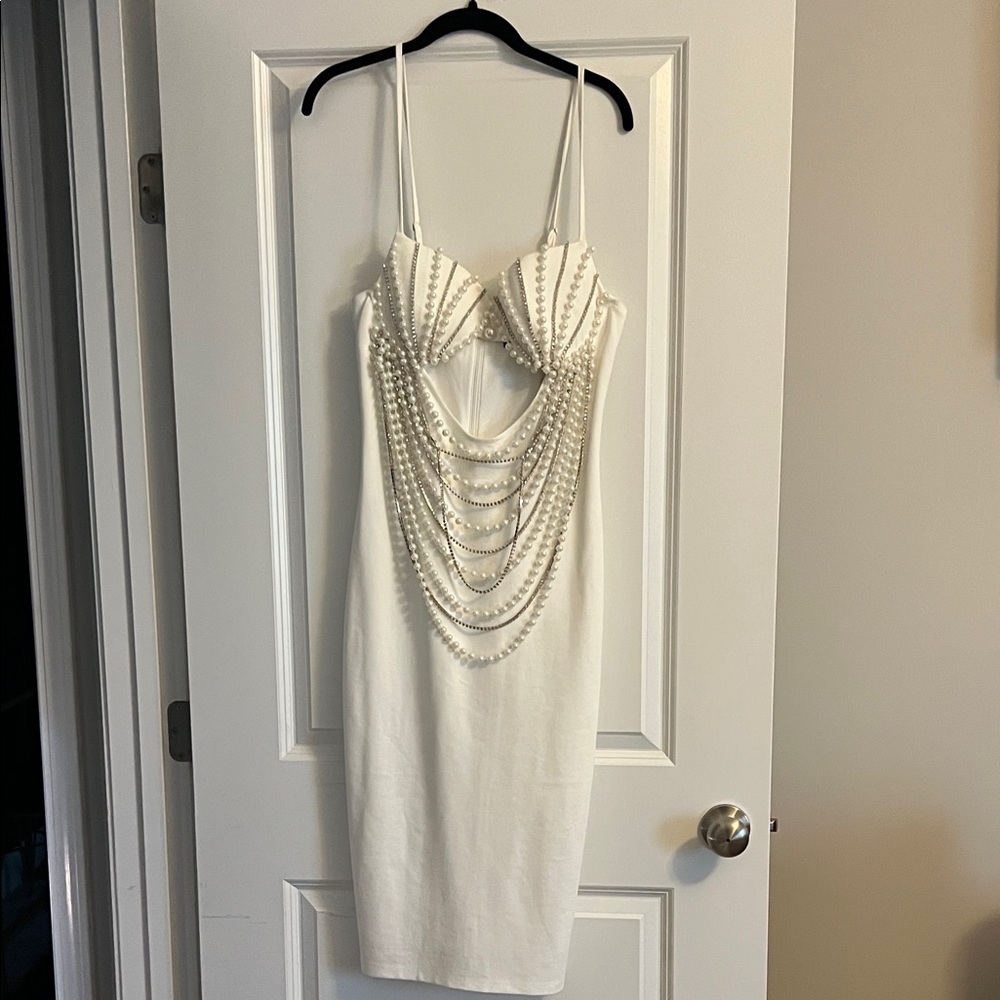 Fashion Nova Ivory Pearl-Chain Midi Dress